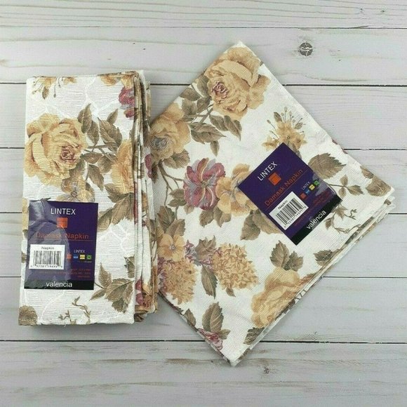 Fabric Dinner Napkins Roses Pink Yellow Damask - Picture 1 of 2